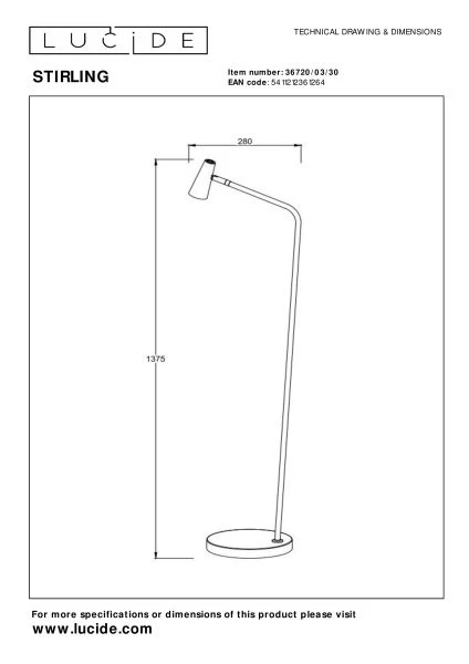 Lucide STIRLING - Oplaadbare Vloerlamp - Accu/Batterij - LED 3 StepDim - 1x3W 2700K - Zwart - technisch